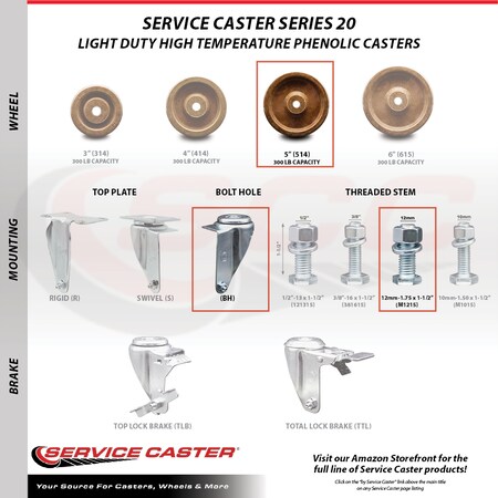 Service Caster 5 Inch High Temp Phenolic Swivel 12mm Stem Caster Total Lock Brake SCC, 2PK SCC-TSTTL20S514-PHSHT-M1215-2-S-2